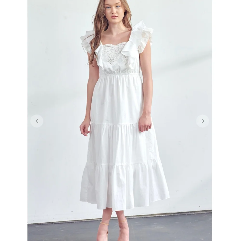 POLAGRAM White Embroidered Crochet Tiered Midi Dress - Picture 6 of 8